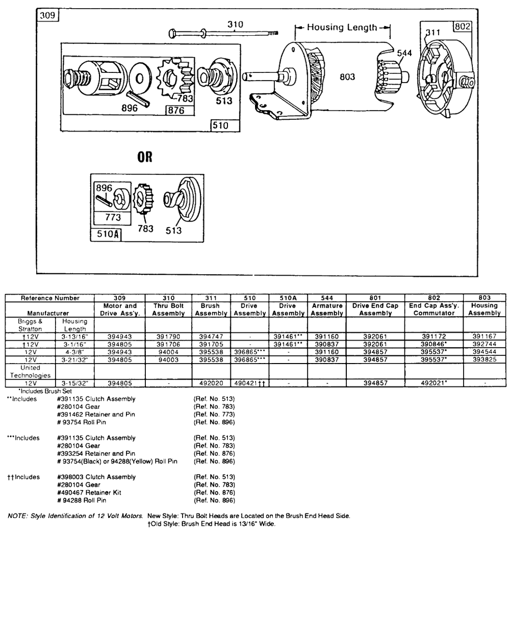 Electric Starter And Chart Diagram and Parts List for  Briggs and Stratton Engine